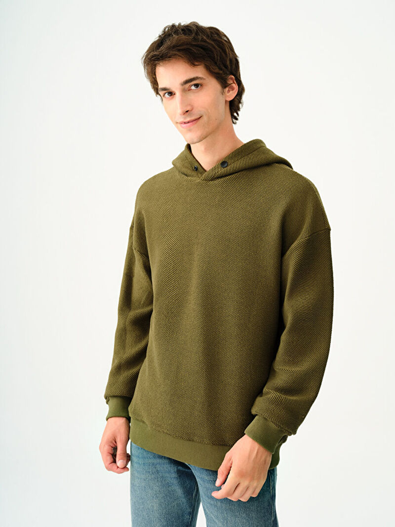 Erkek Yeşil Kapüşonlu Oversize Sweatshirt