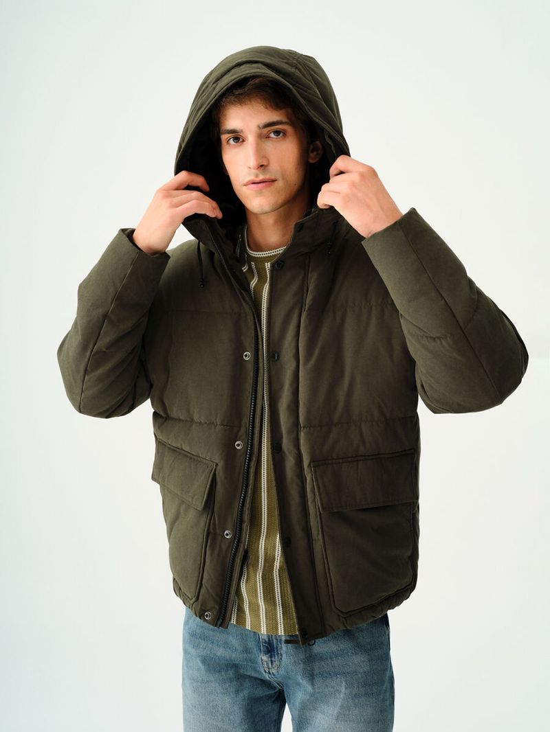 Erkek Yeşil Kapüşonlu Regular Fit Kaban