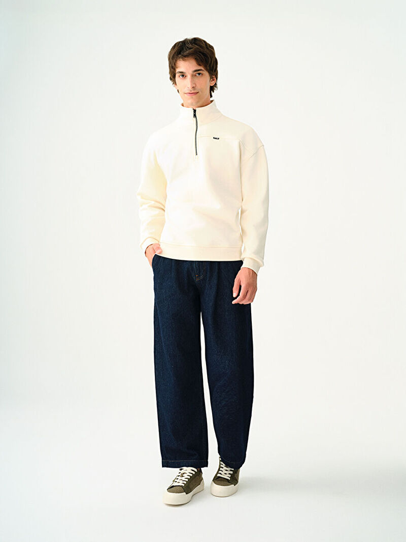 Erkek Ekru Balıkçı Yaka Oversize Sweatshirt