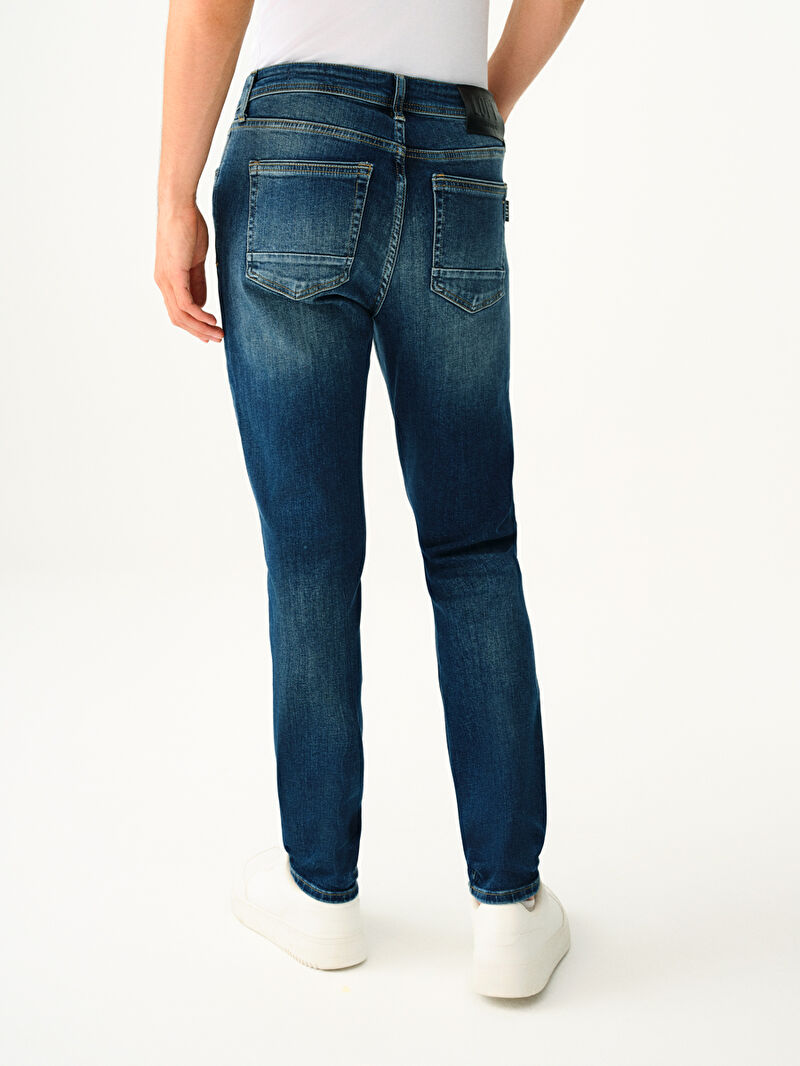 Rıcardo Erkek Koyu Mavi Dar Paça Düşük Bel Slim Fit Jean Pantolon