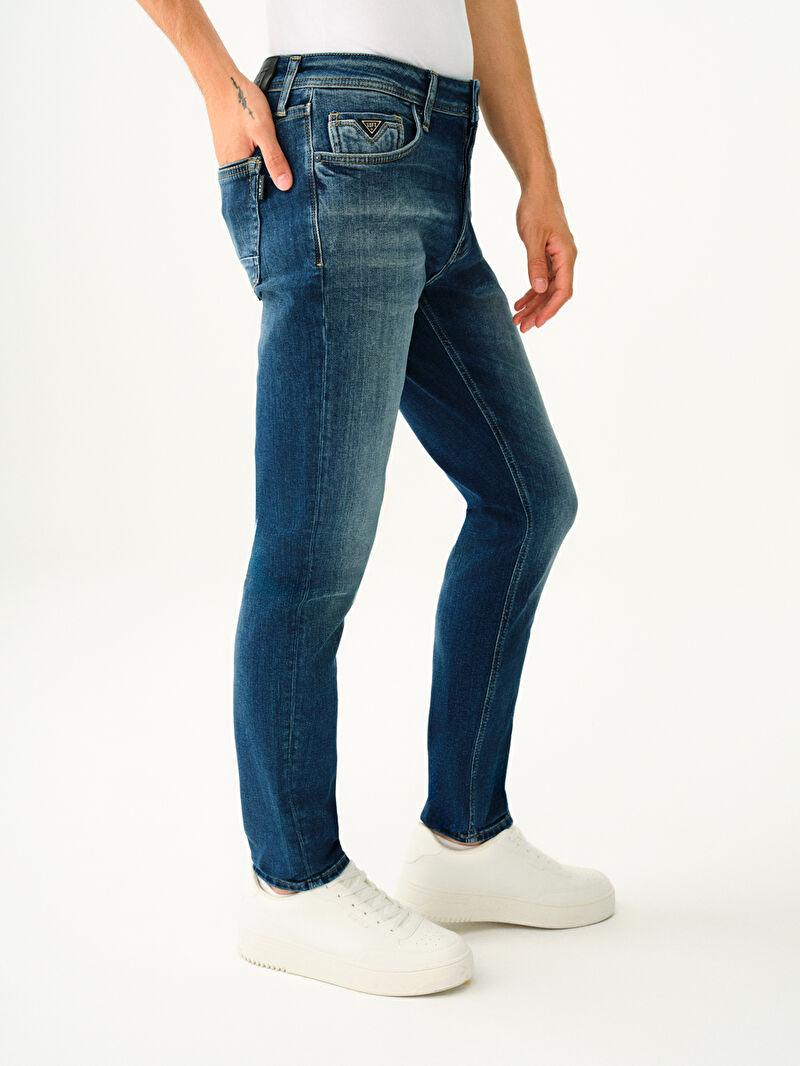 Rıcardo Erkek Koyu Mavi Dar Paça Düşük Bel Slim Fit Jean Pantolon