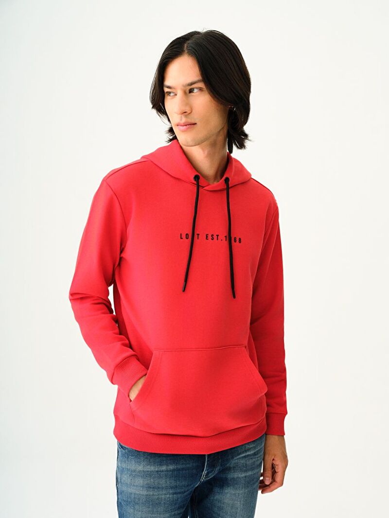 Erkek Kırmızı Kapüşonlu Regular Fit Sweatshirt