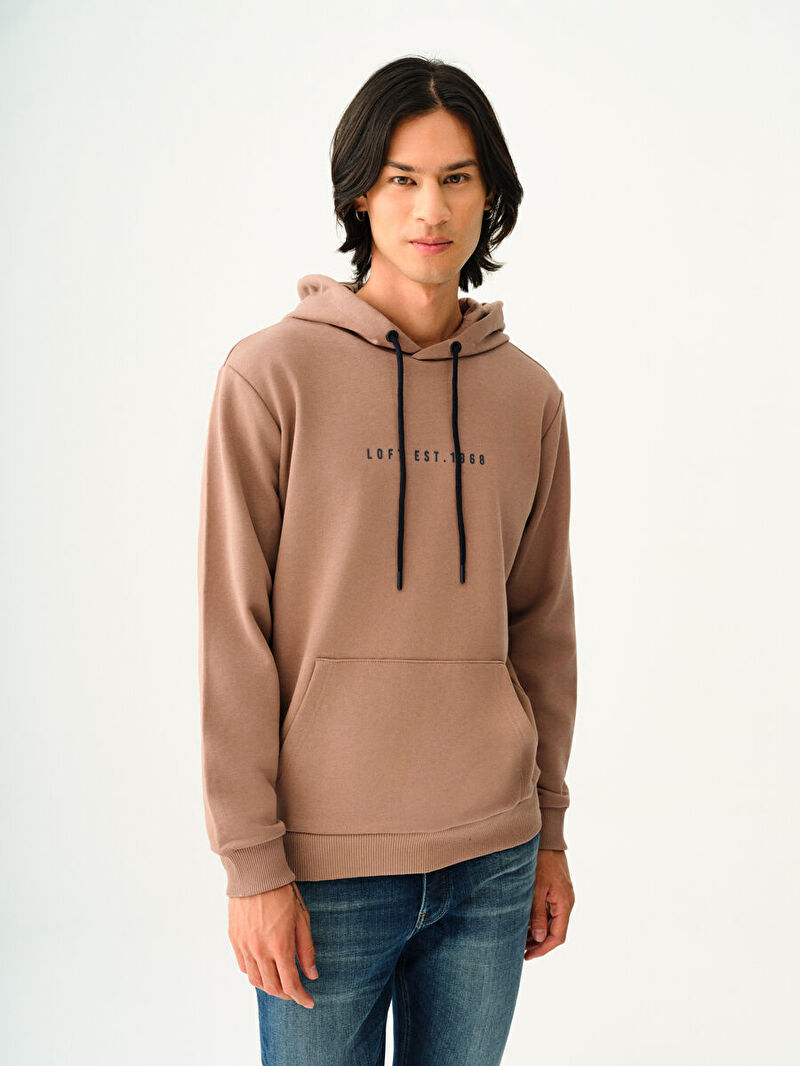 Erkek Bej Kapüşonlu Regular Fit Sweatshirt