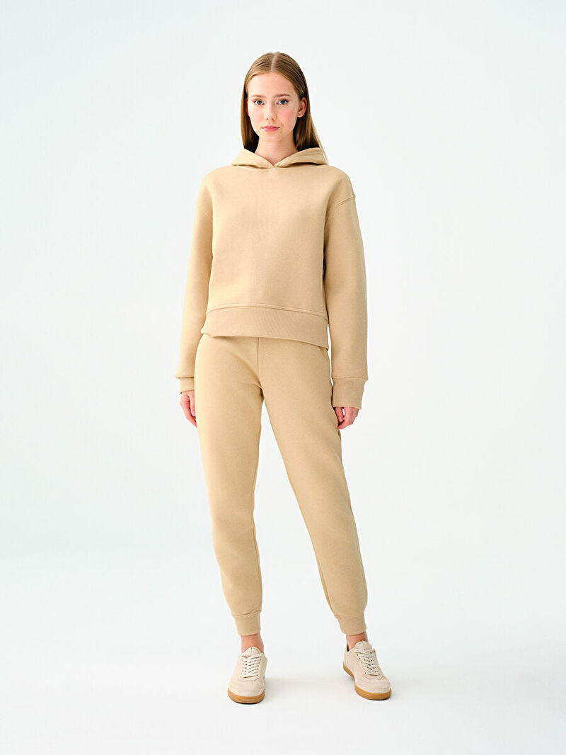 Kadın Bej Kapüşonlu Oversize Fit Sweatshirt