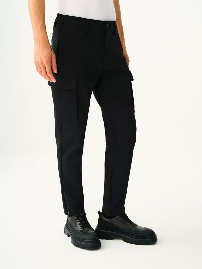 Erkek Siyah Crop Paça Medium Rise Slim Fit Pantolon