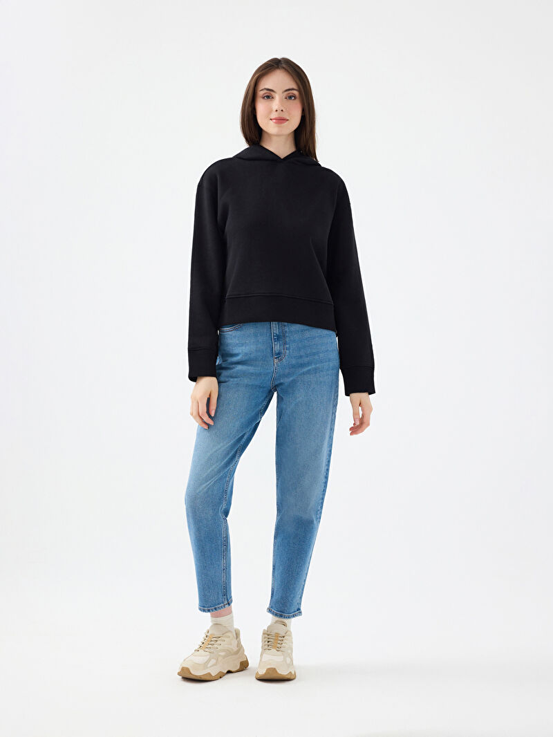 Kadın Siyah Kapüşonlu Oversize Fit Sweatshirt