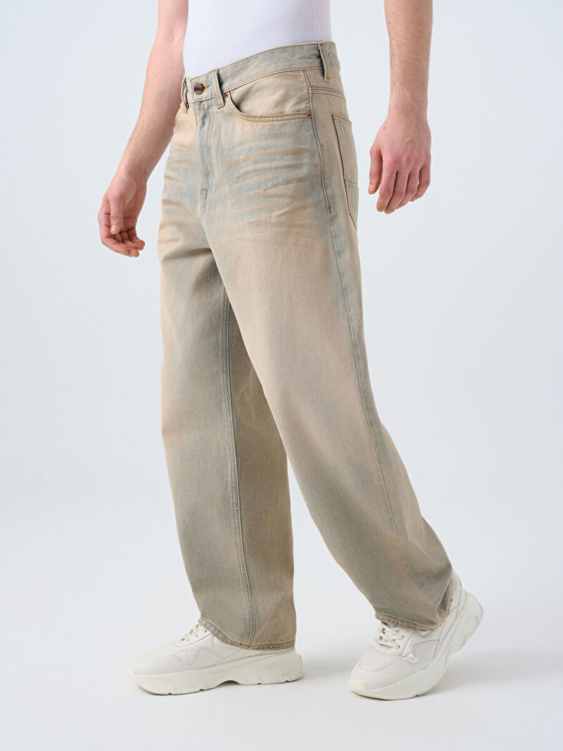 Loose Erkek Sarı Düz Paça Düşük Bel Baggy Fit Jean Pantolon