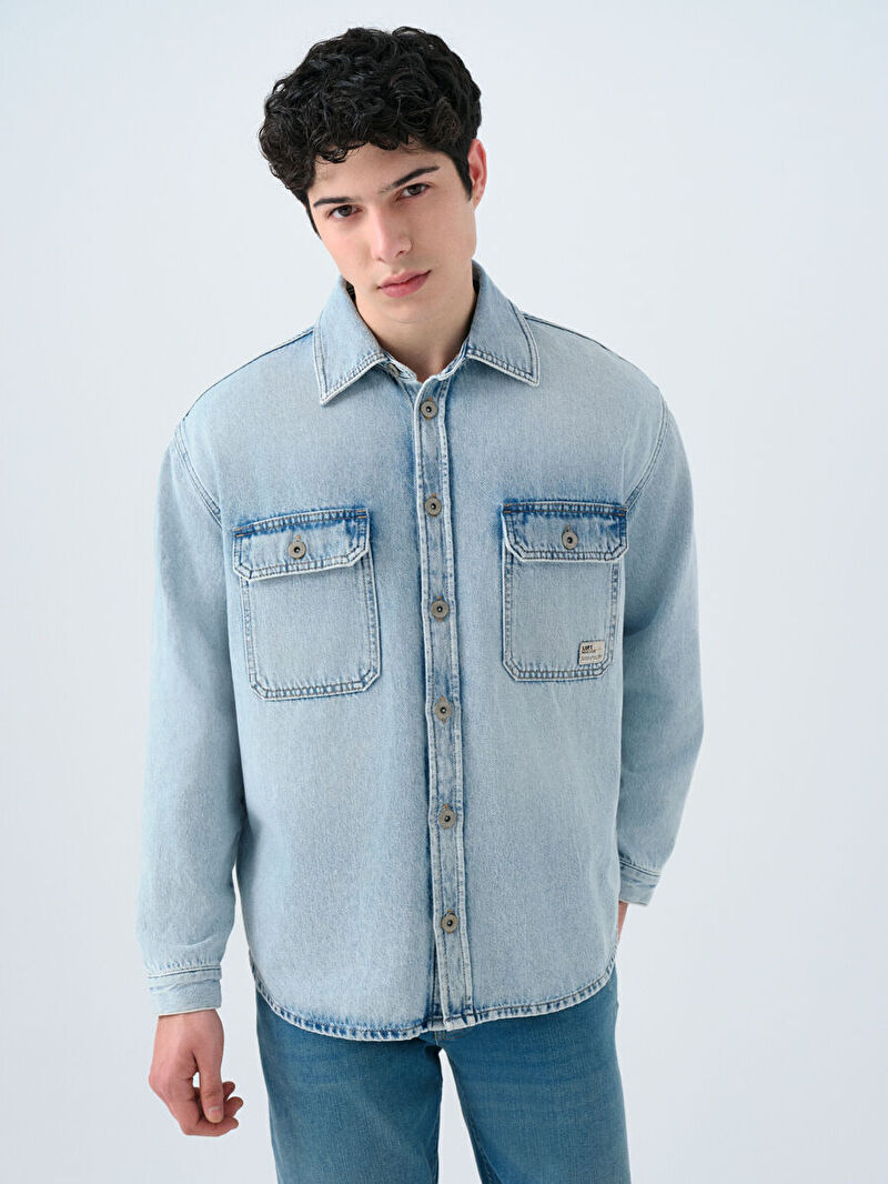 Erkek Açık Mavi Oversize Jean Gömlek