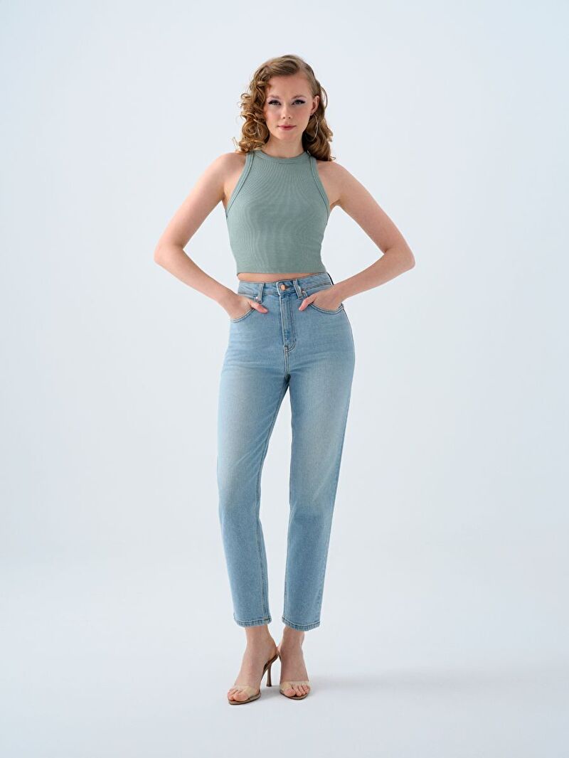 Mom Kadın Mavi Dar Paça Yüksek Bel Slim Fit Jean Pantolon
