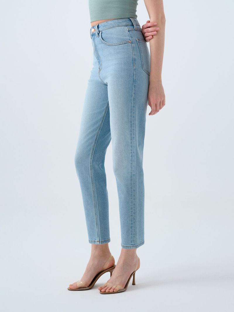 Mom Kadın Mavi Dar Paça Yüksek Bel Slim Fit Jean Pantolon