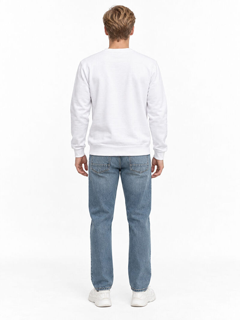 Erkek Beyaz Bisiklet Yaka Regular Fit Sweatshirt
