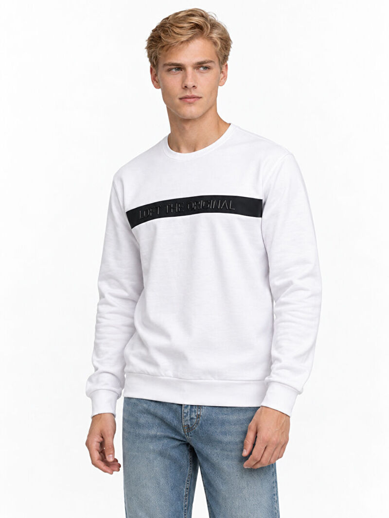 Erkek Beyaz Bisiklet Yaka Regular Fit Sweatshirt