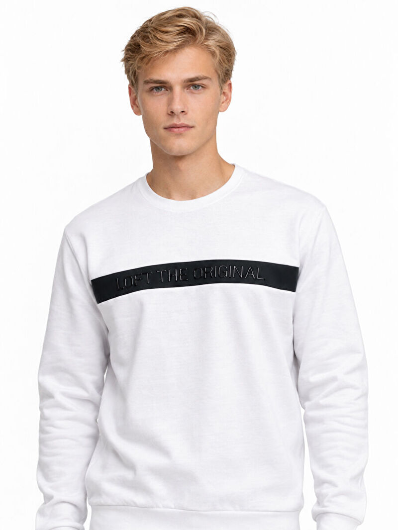 Erkek Beyaz Bisiklet Yaka Regular Fit Sweatshirt