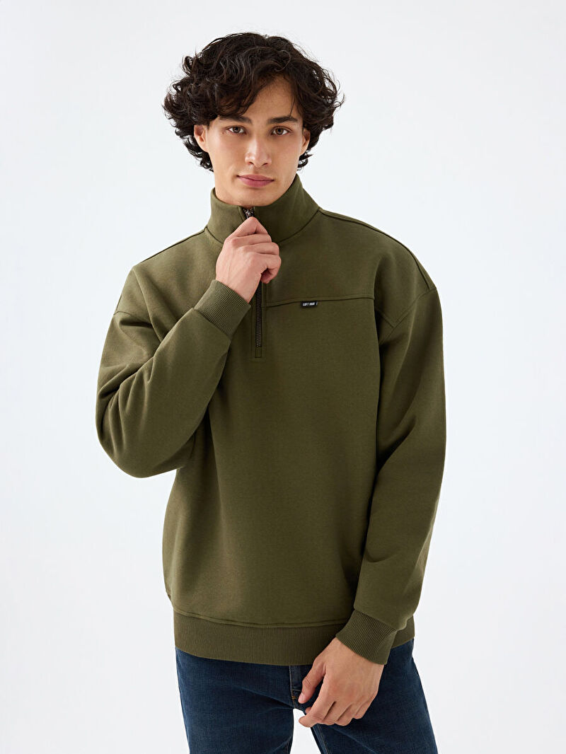 Erkek Yeşil Balıkçı Yaka Oversize Sweatshirt