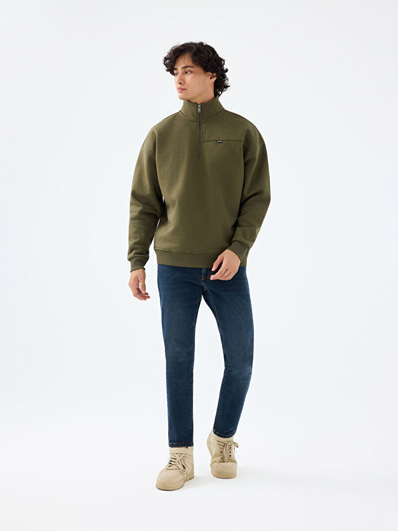 Erkek Yeşil Balıkçı Yaka Oversize Sweatshirt
