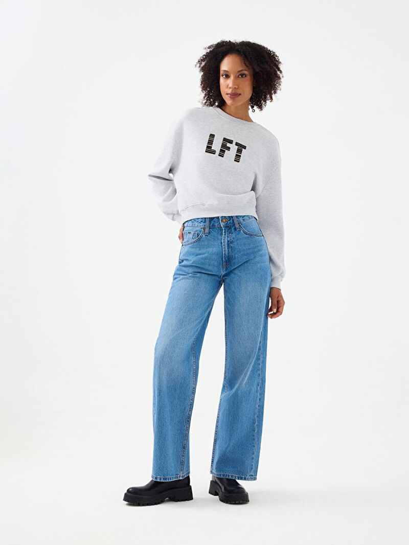 Kadın Gri Bisiklet Yaka Crop Sweatshirt