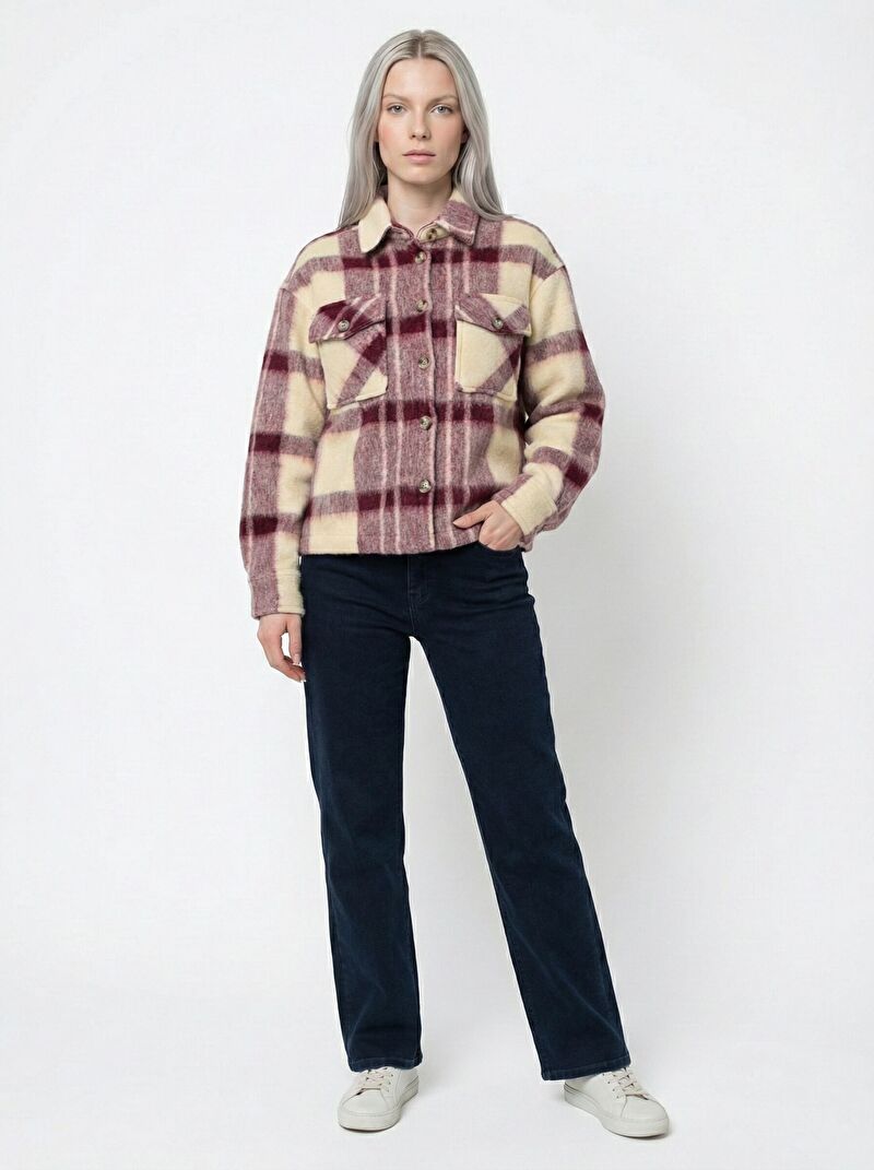 Kadın Bordo Uzun Kol Gömlek Yaka Loose Fit Ceket
