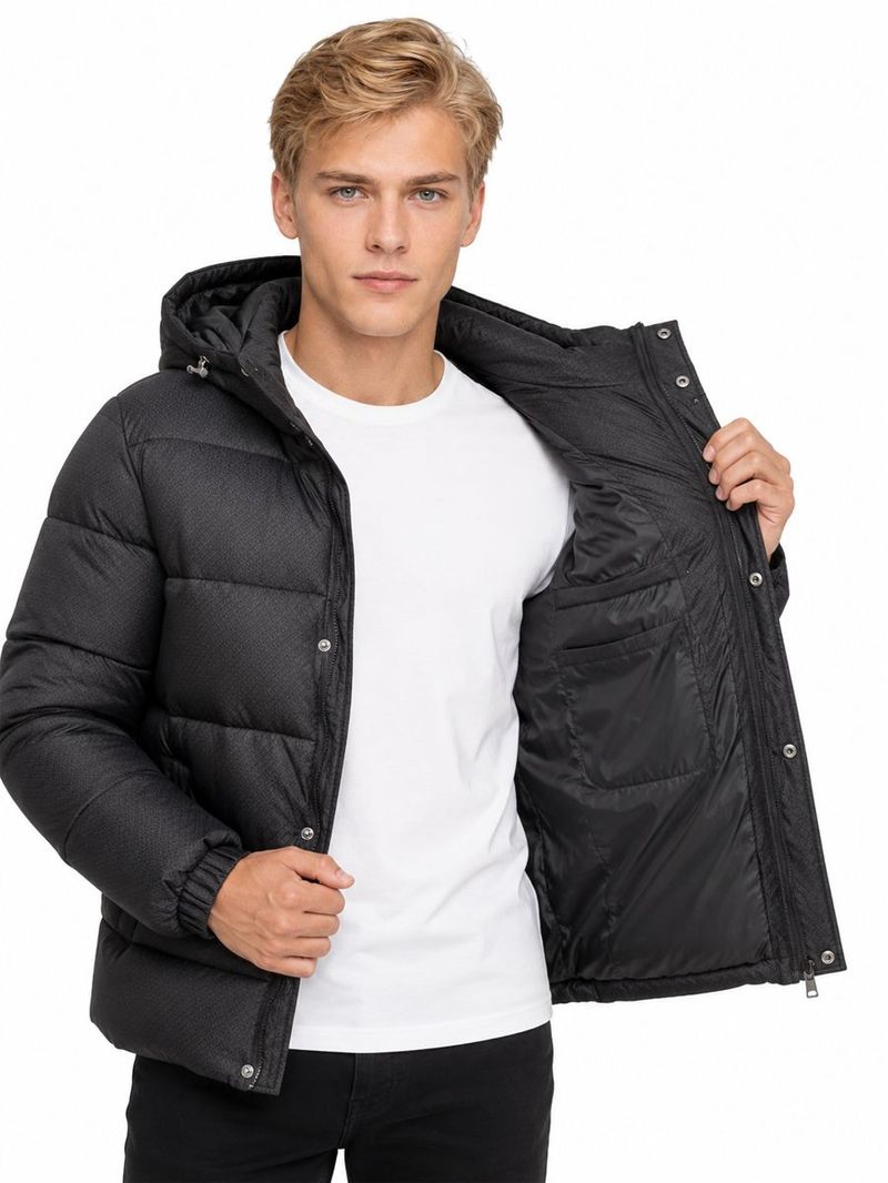 Erkek Siyah Kapüşonlu Regular Fit Mont