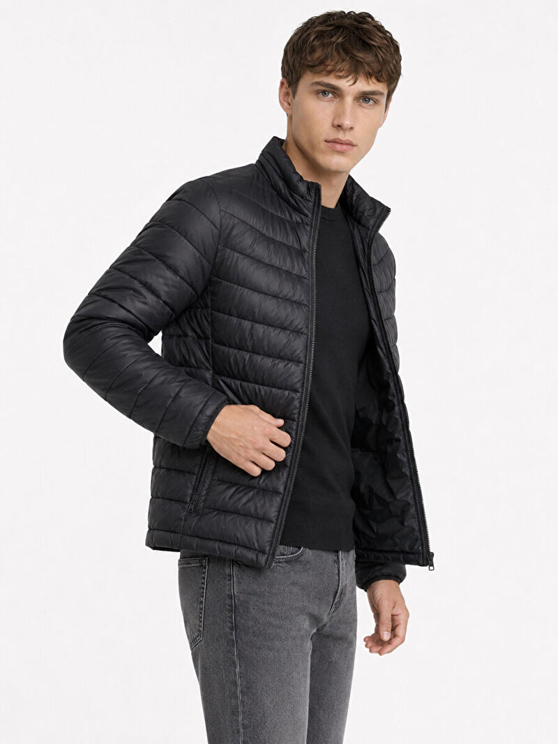 Erkek Siyah Balıkçı Yaka Regular Fit Mont