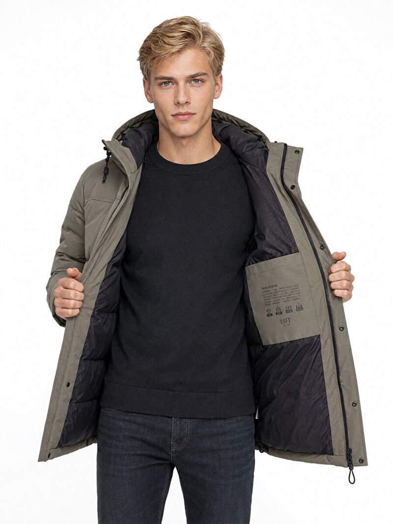 Erkek Yeşil Kapüşonlu Regular Fit Mont