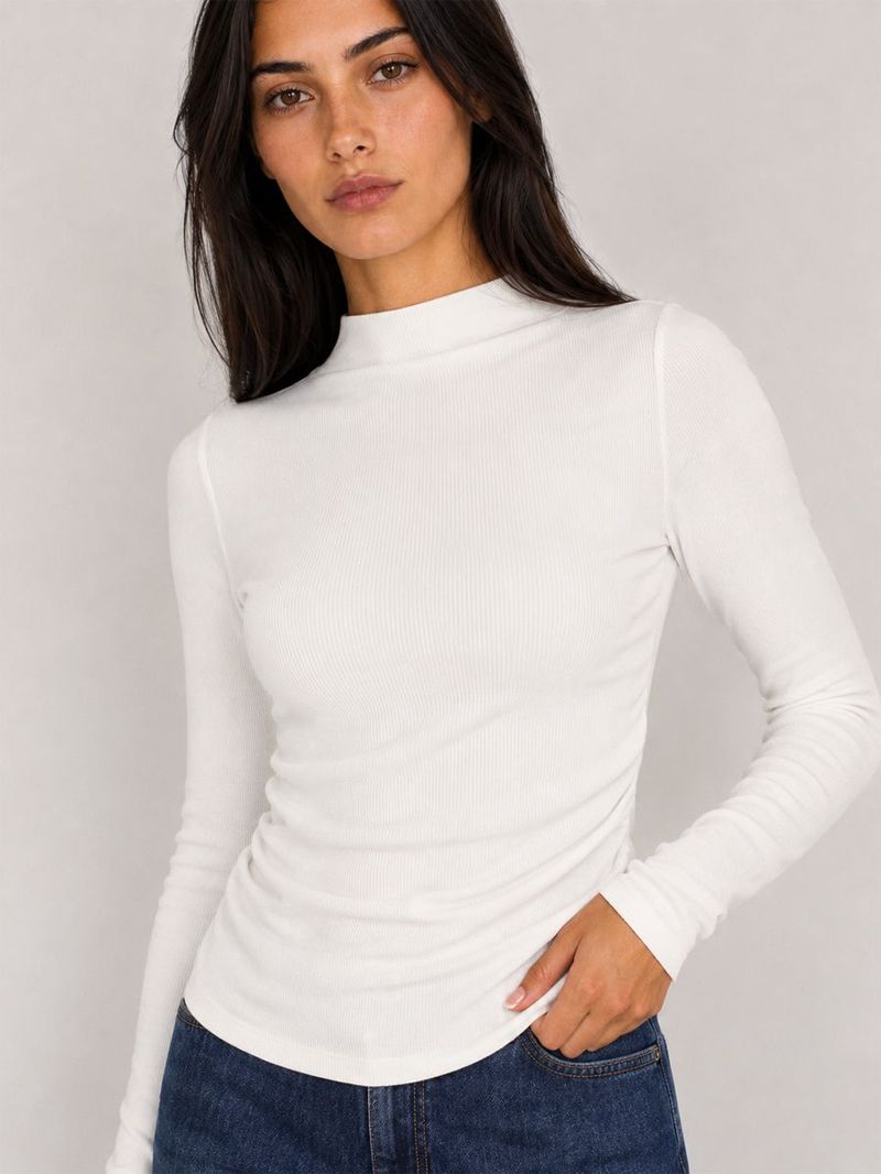 Kadın Ekru Uzun Kol Slim Fit Bluz U.kol