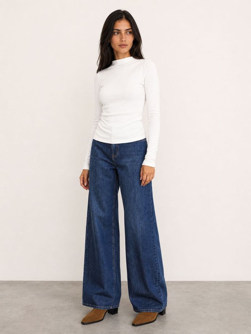 Emma Kadın Koyu Mavi Bol Paça Yüksek Bel Regular Fit Jean Pantolon