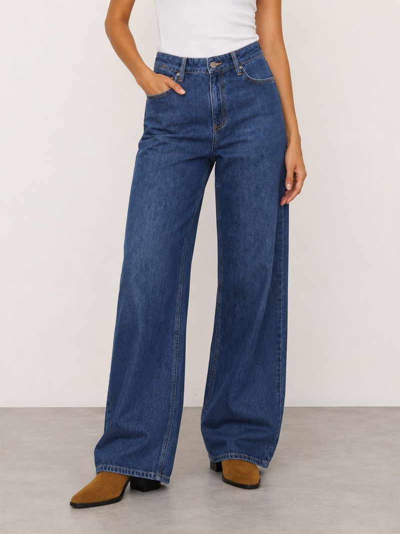 Emma Kadın Koyu Mavi Bol Paça Yüksek Bel Regular Fit Jean Pantolon