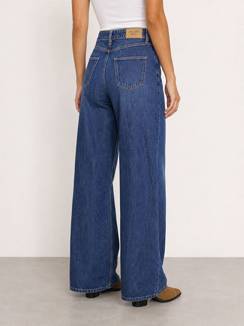 Emma Kadın Koyu Mavi Bol Paça Yüksek Bel Regular Fit Jean Pantolon