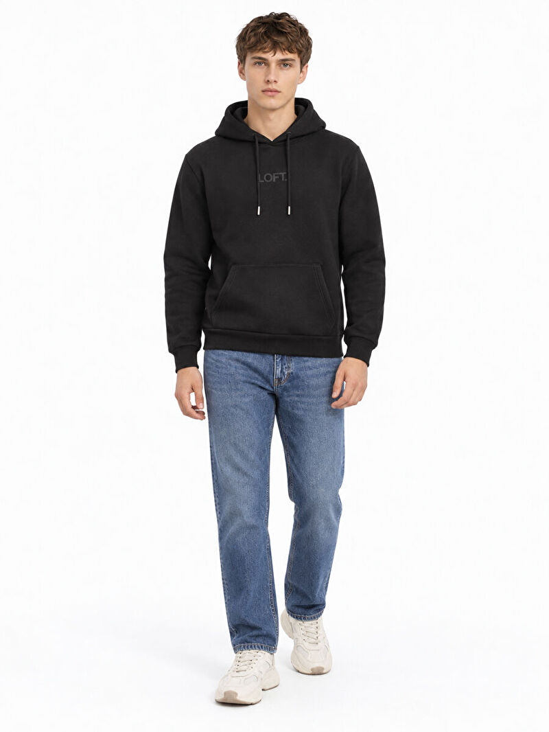 Erkek Siyah Kapüşonlu Regular Fit Sweatshirt