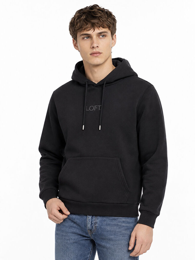 Erkek Siyah Kapüşonlu Regular Fit Sweatshirt