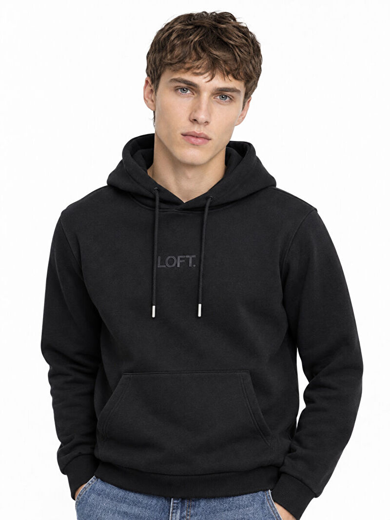 Erkek Siyah Kapüşonlu Regular Fit Sweatshirt