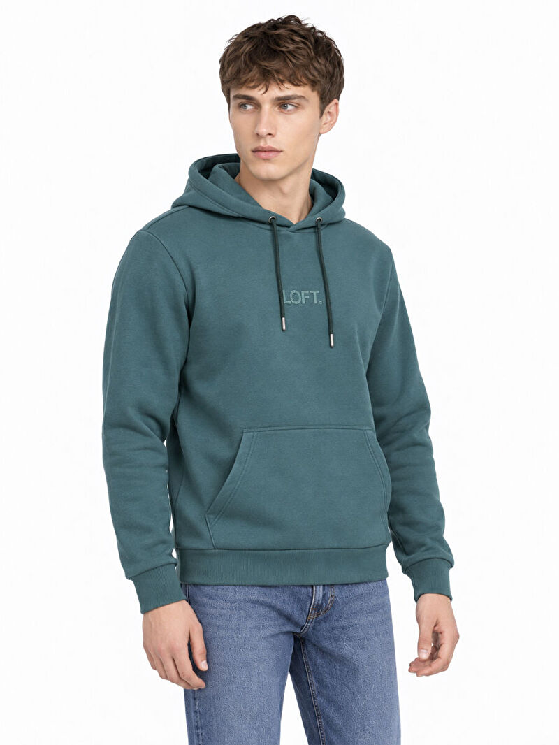 Erkek Yeşil Kapüşonlu Regular Fit Sweatshirt