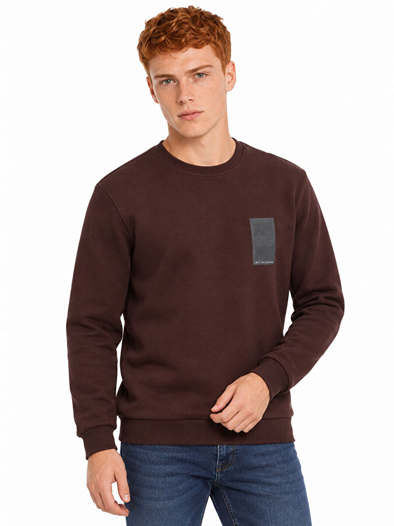 Erkek Kahverengi Bisiklet Yaka Regular Fit Sweatshirt