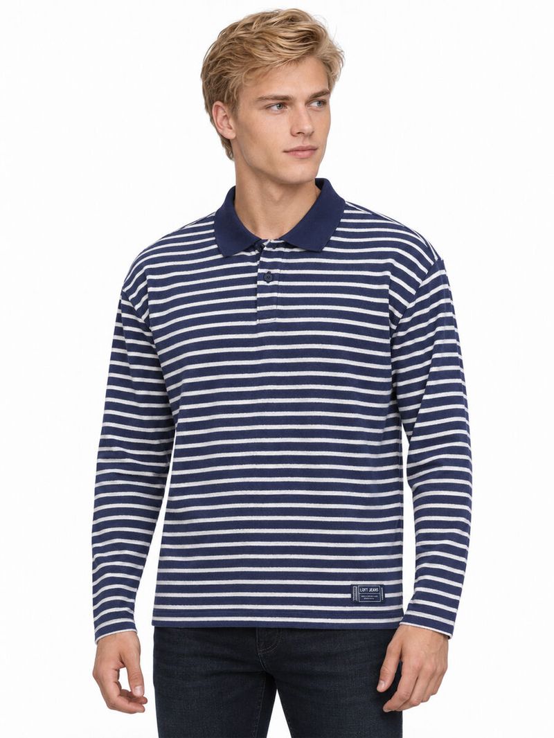 Erkek Mavi Uzun Kol   Polo Yaka Loose Fit Polo U.kol