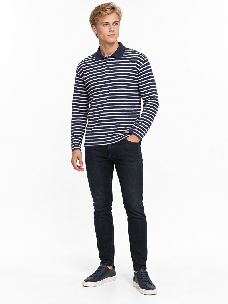 Erkek Mavi Uzun Kol   Polo Yaka Loose Fit Polo U.kol