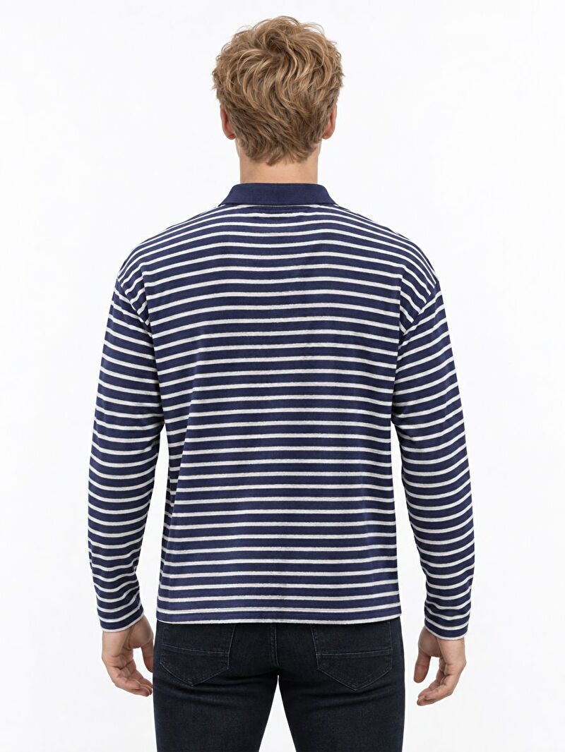 Erkek Mavi Uzun Kol   Polo Yaka Loose Fit Polo U.kol