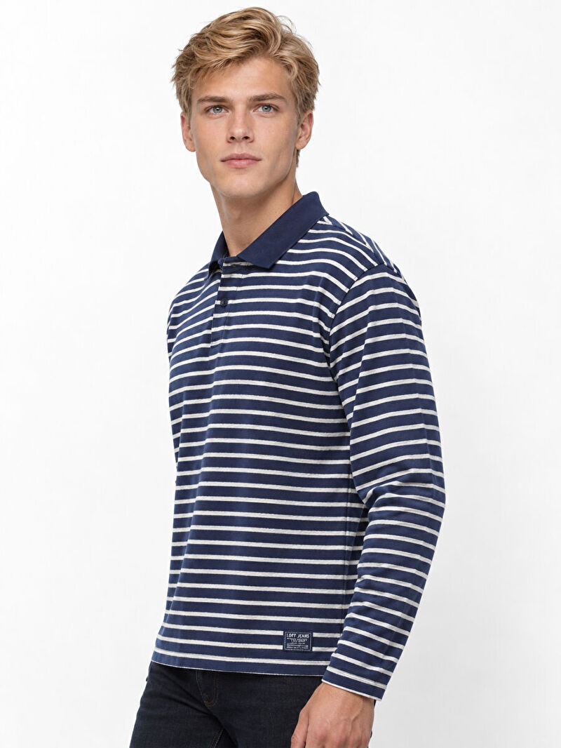 Erkek Mavi Uzun Kol Polo Yaka Loose Fit Polo U.kol