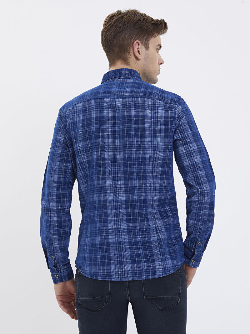 Erkek Mavi Uzun Kol Gömlek Yaka Slim Fit Gömlek